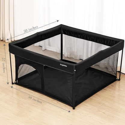 ANGELBLISS 50x50 Foldable Baby Playpen with Carrying Bag & Safety Lock - ASTM F406 Certified Baby Fence for Indoor/Outdoor, Lightweight Portable Play Yard with Breathable Mesh (Black)