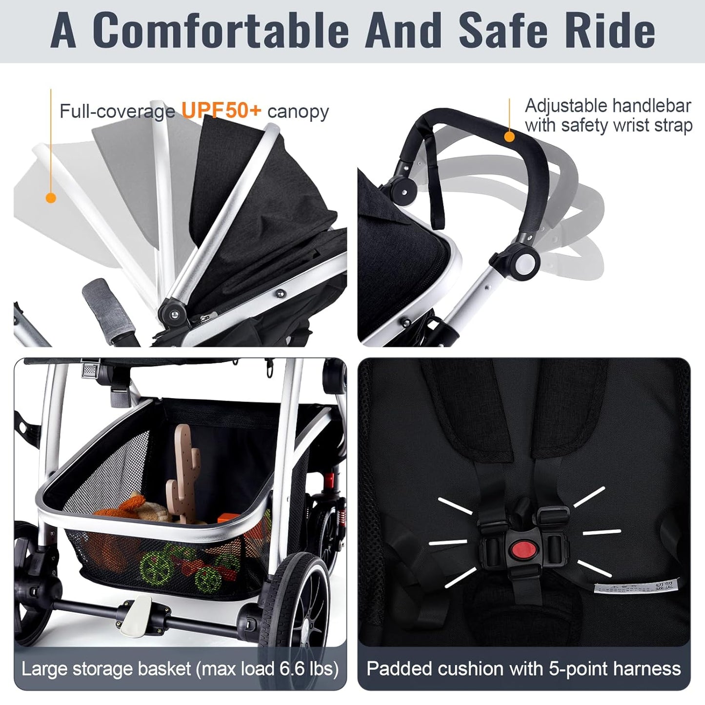 Baby Stroller, 2-in-1 Reversible Toddler Seat with Lie-Flat Mode, Foldable Infant Stroller with Canopy, One Button Brake, Adjustable Handle, Newborn Pushchair (Black B)