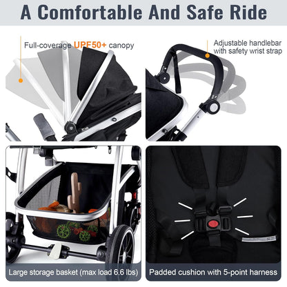 Baby Stroller, 2-in-1 Reversible Toddler Seat with Lie-Flat Mode, Foldable Infant Stroller with Canopy, One Button Brake, Adjustable Handle, Newborn Pushchair (Black B)