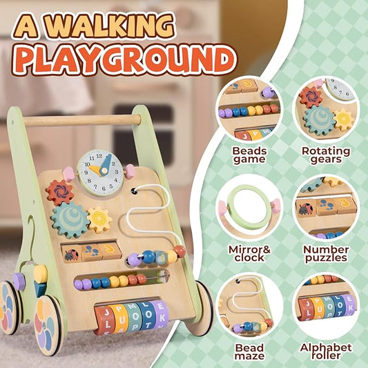 BAUTIA Wooden Baby Walker for 12 Months, Montessori Walker Push Toy for Toddlers Learning to Walk, Push Walker Baby Activity Center for Boys and Girls
