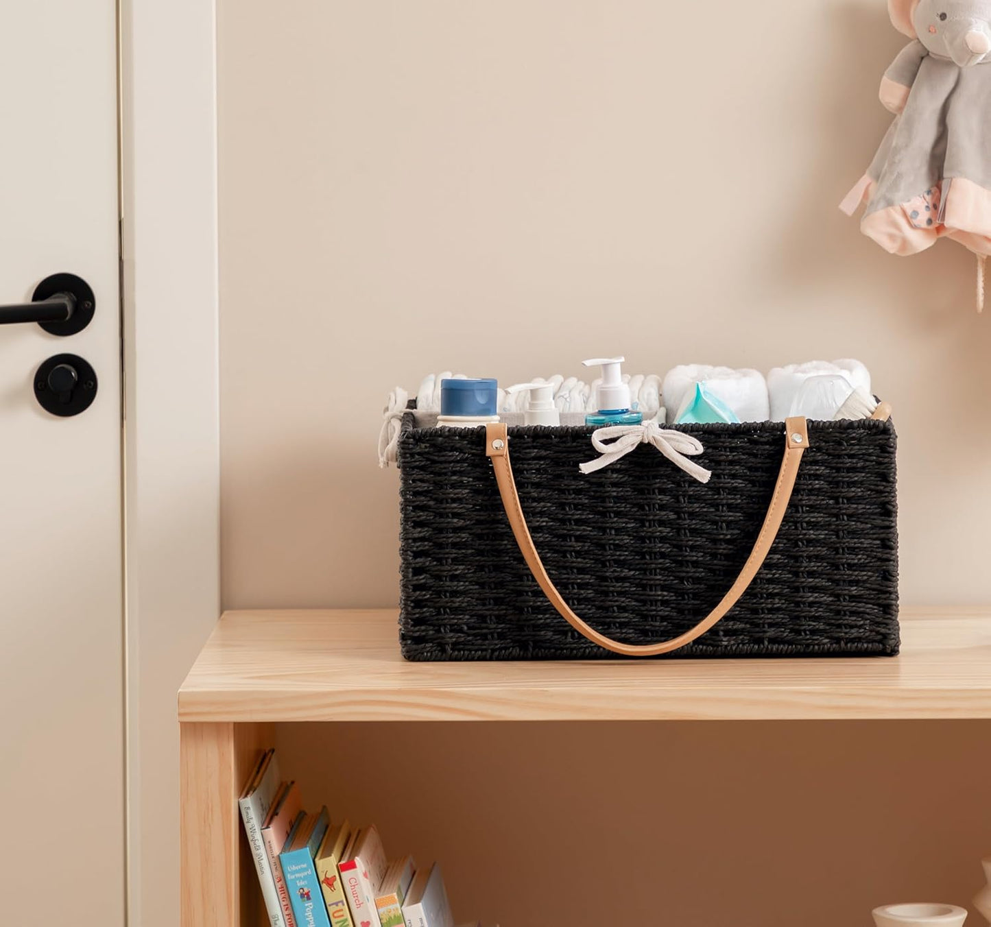HBlife Large Baby Diaper Caddy Organizer, Paper Rope Storage Baskets Nursery Bin with Removable Divider, Portable Car Organizer for Diapers, Baby Shower Gifts, Newborn Essentials Must Haves