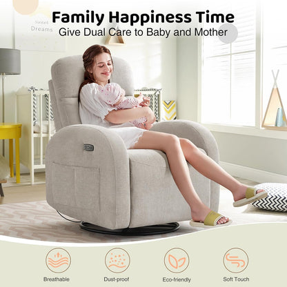 Swivel Rocker Recliner Chair, Rocking Recliner for Nursery with Side Pockets, Manual Swivel Reclining Nursery Glider Chair for Breastfeeding Living Room, Camel Chenille