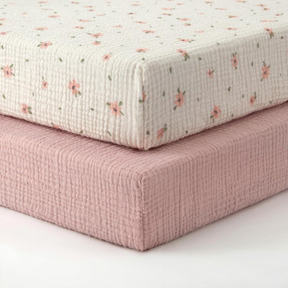 Blissful Diary Muslin Bassinet Sheets for Baby Girls Boys, Boho Soft Cotton Fitted for Oval Hourglass Rectangle Mattress, 2 Pack(Sunshine&Brown)