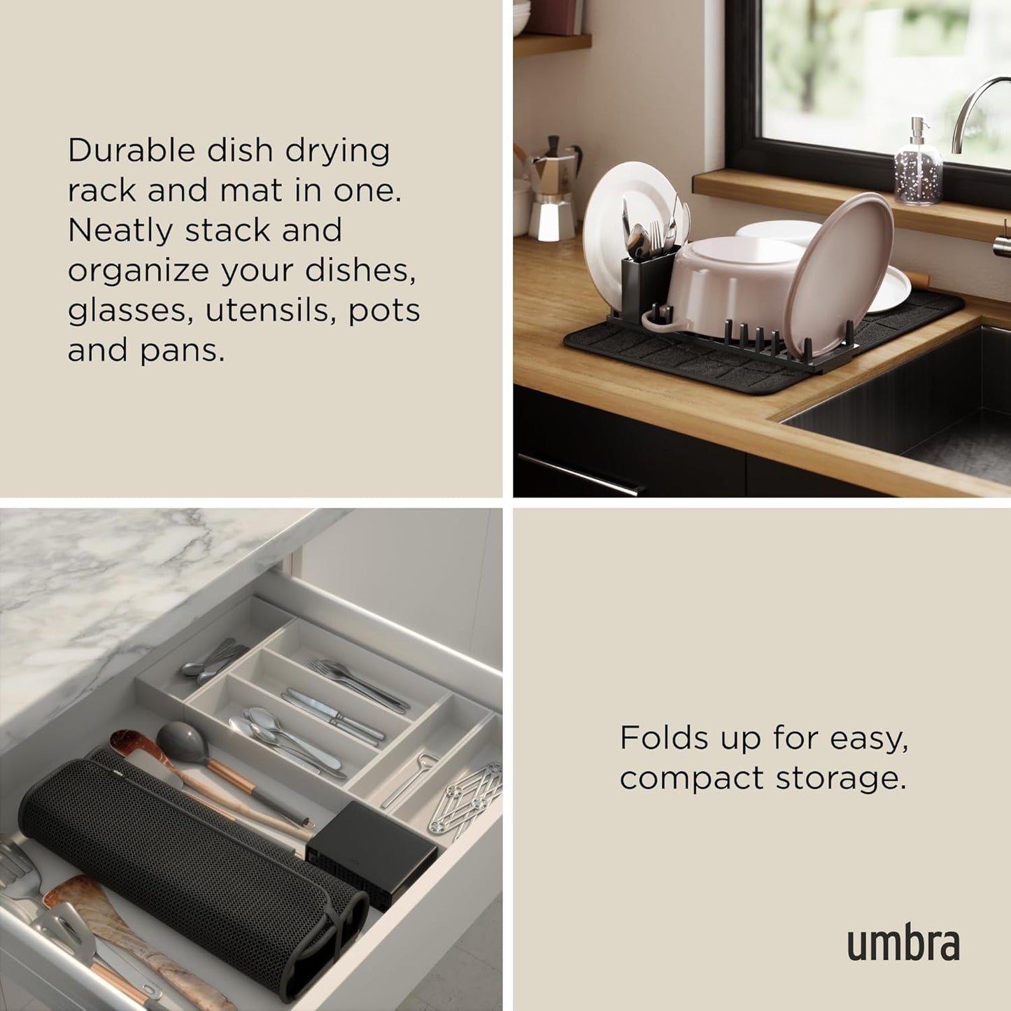Umbra Udry Dish Rack and Microfiber Drying Mat – Space-Saving Design Folds Up for Easy Storage, Mini Rack, Gray