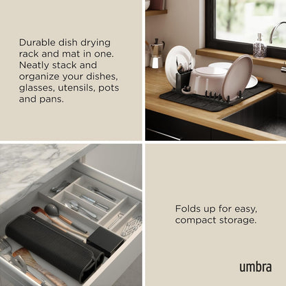Umbra Udry Dish Rack and Microfiber Drying Mat – Space-Saving Design Folds Up for Easy Storage, Mini Rack, Gray