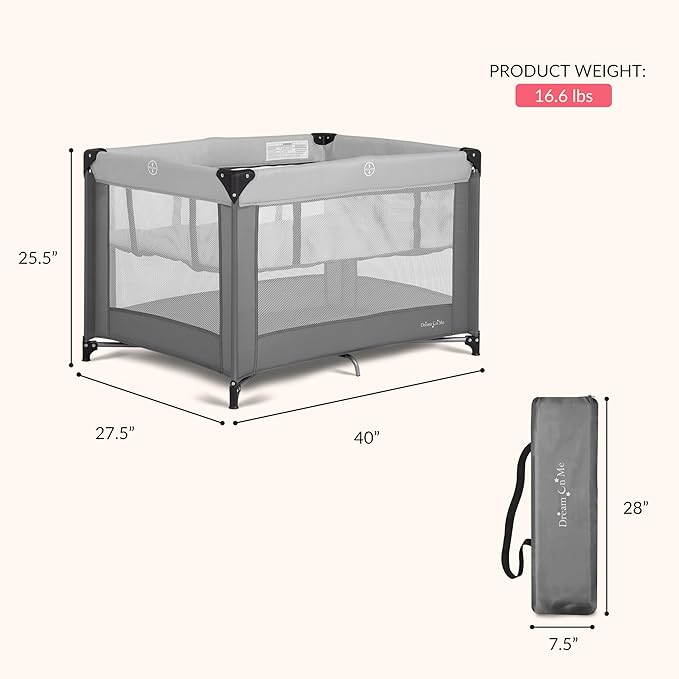 Dream On Me Zazzy Portable Playard with Bassinet - 360° Mesh Visibility, Quick Folding Travel Friendly Design, Carry Bag and Foldable Mattress Pad Included, Compact and Lightweight - Gray
