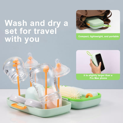 7in1 Travel Bottle Cleaner kit with Baby Bottle Brush and Bottle Drying Rack,Swift Cleaning, Easy Portability(Blue)