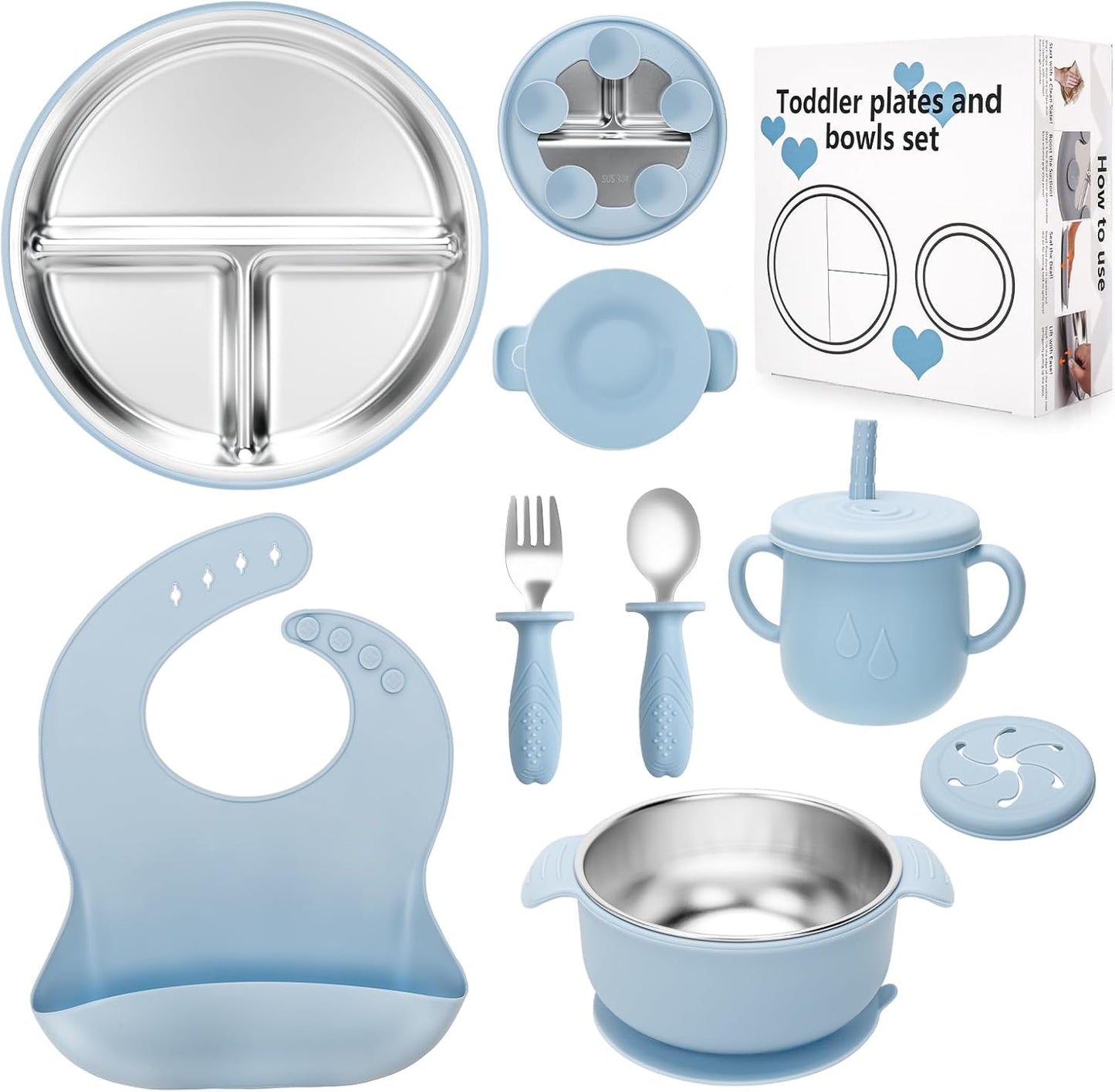 MISSLILI Stainless Steel Kids Plates and Bowls Set with Suction, Divided Baby Plate and Toddler Bowl with Removable Silicone Suction,Stainless Steel Weaning Bundle, Silicone Baby Feeding Set (Pink)