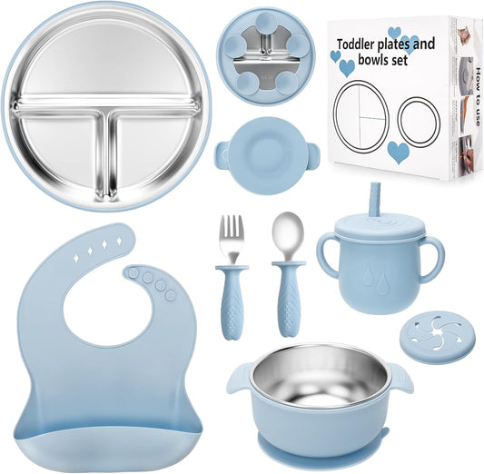MISSLILI Stainless Steel Kids Plates and Bowls Set with Suction, Divided Baby Plate and Toddler Bowl with Removable Silicone Suction,Stainless Steel Weaning Bundle, Silicone Baby Feeding Set (Pink)
