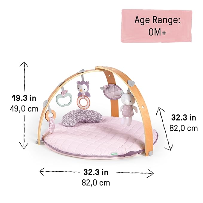 Ingenuity Cozy Spot Reversible Duvet Activity Gym & Play Mat with Wooden-Toy-bar - Calla (Pink), Newborn and up