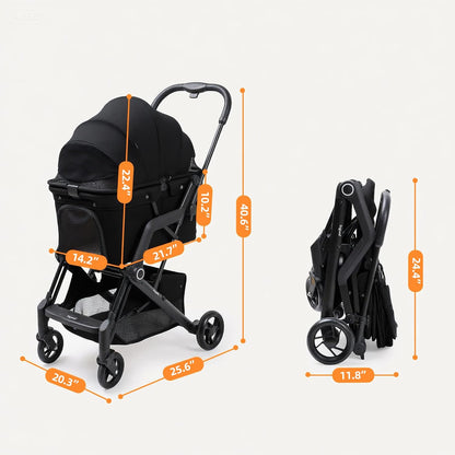Upgraded Small/Medium Pet Stroller - Dogs & Cats up to 66 lbs, Folds for Storage and Features a Safety Foot Brake, 3-in-1 Foldable Portable Travel Carrier for 2 Small to Medium Pets (Black)