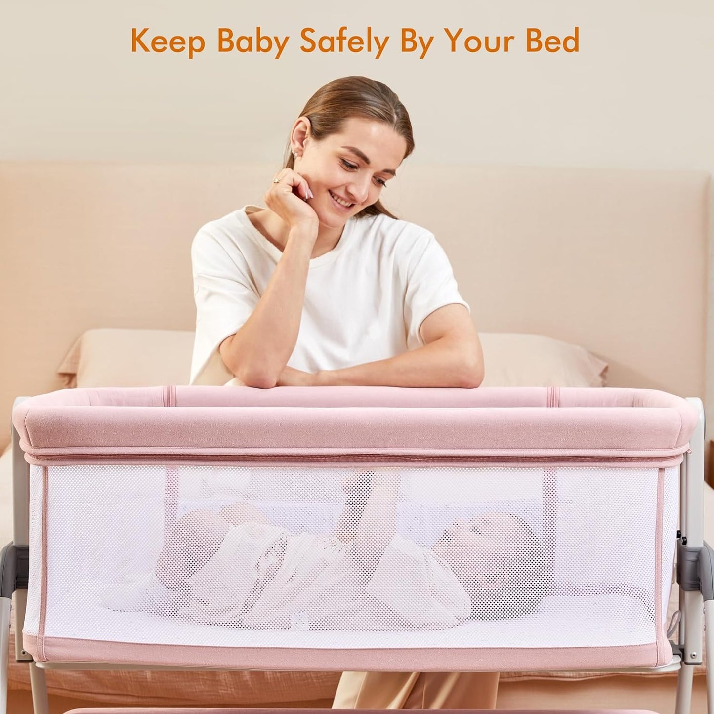 ANGELBLISS Baby Bassinet Bedside Sleeper, Easy Folding Portable Bassinet for Baby with Wheels, Adjustable Height, Included Mattress (Beige)