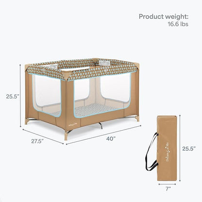 Dream On Me Zodiak Baby Playard, Breathable Mesh Sides, Soft Comfortable Mattress, Quick & Easy to Fold with Travel Carry Bag, Compact Space Saving Design - Coffee/Blue
