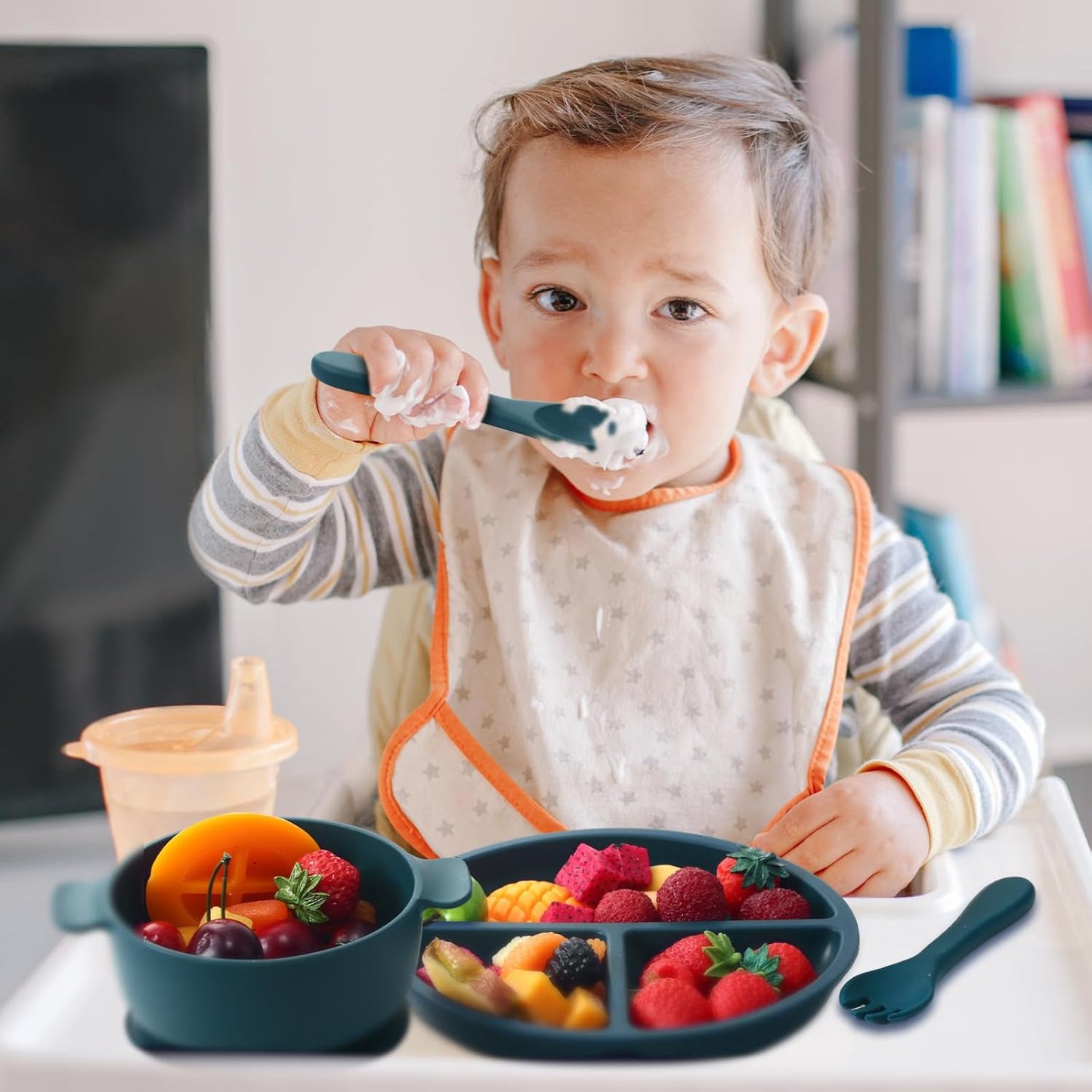 Dandat 24 Pcs Silicone Baby Feeding Set,6 Baby Toddler Suction Bowls 6 Divided Suction Plates with 6 Forks 6 Spoons, Utensils Set for Weaning Infant Feeding and Eating, 6 Styles (Elegant Color)