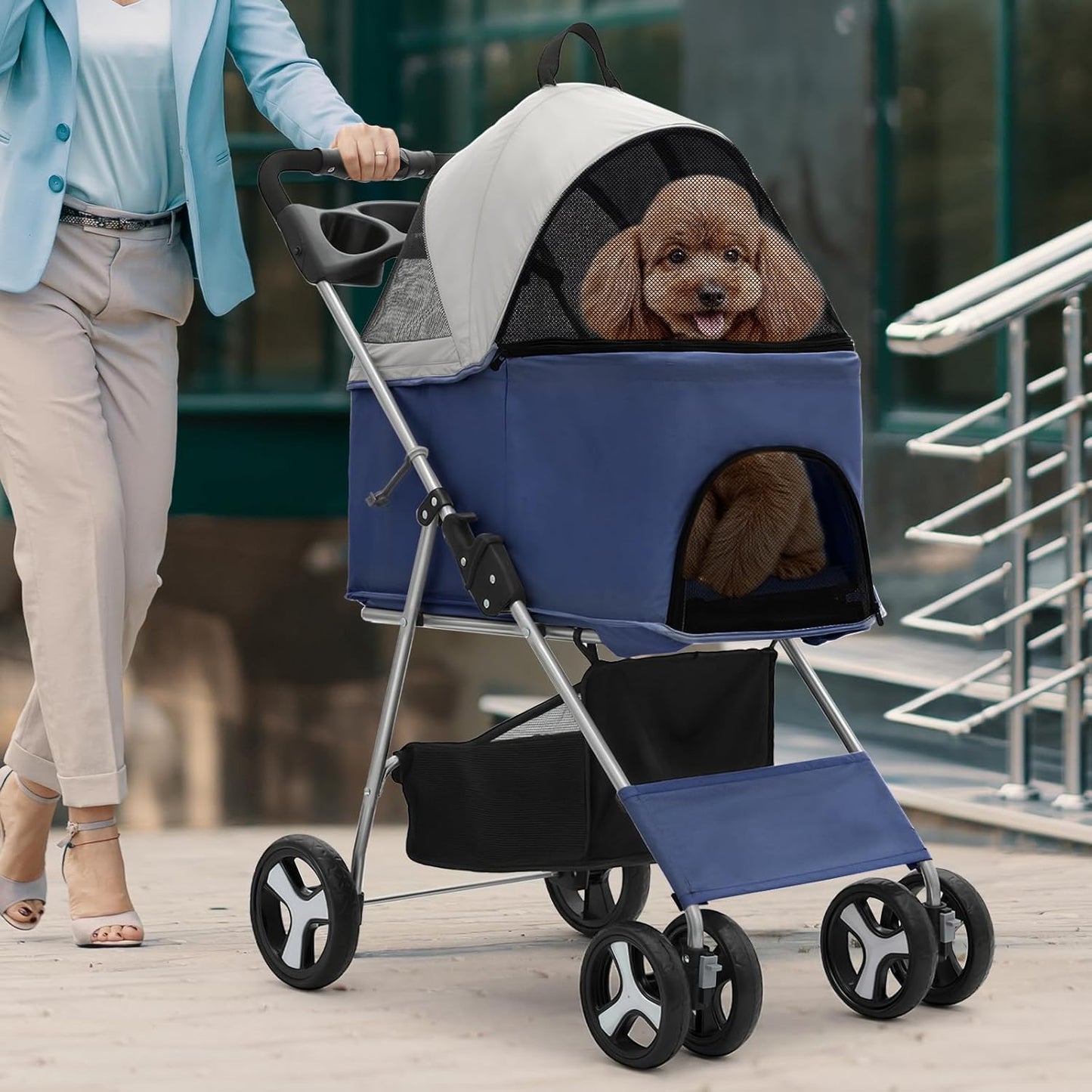 Magshion Compact Pet Stroller for Small-Medium Dogs/Cats up to 22lbs, 4-Wheel Lightweight Umbrella Shaped Portable Puppy Travel Jogger with Breathable Mesh, Cup Holder & Rear Storage, Black