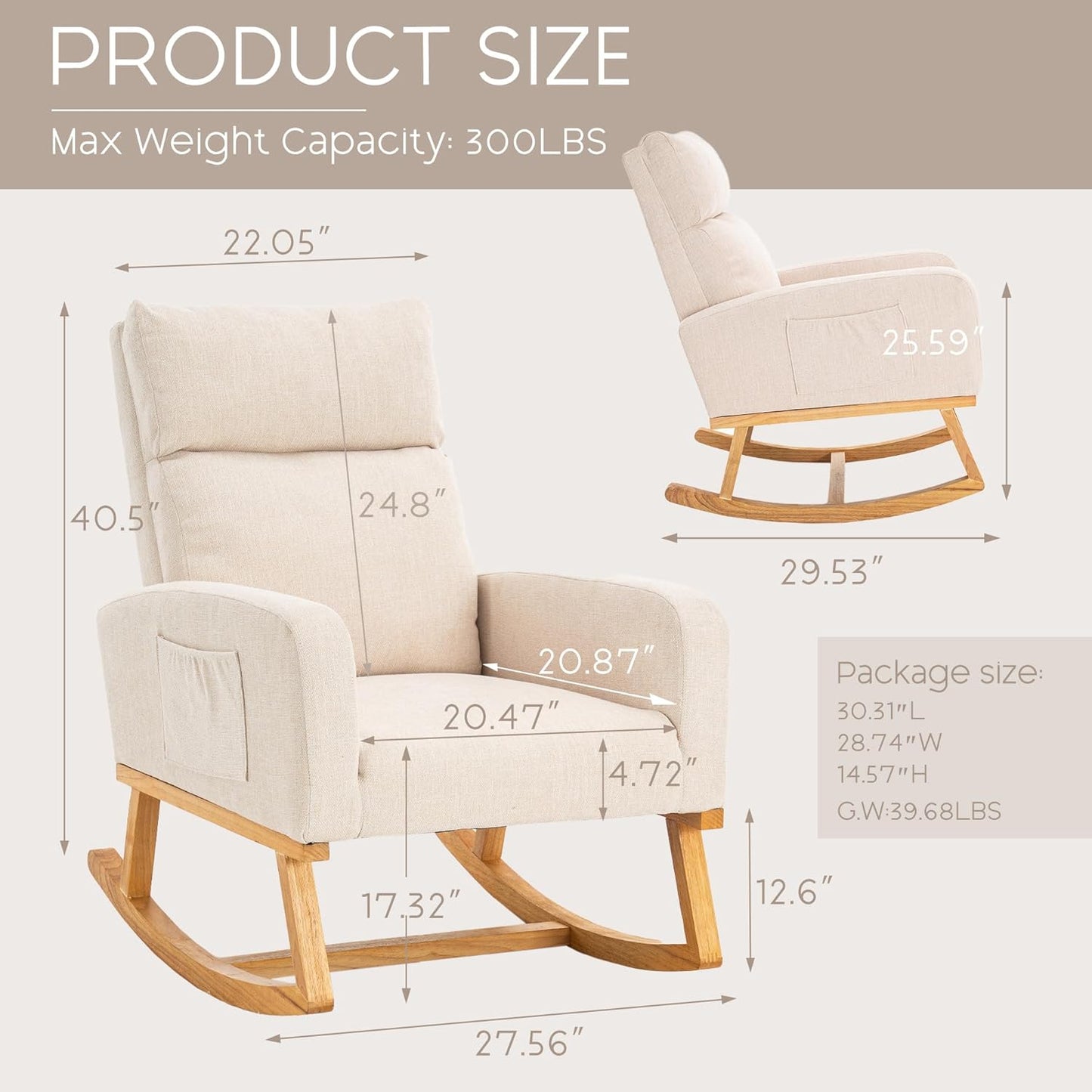 Rocking Chair Nursery - Glider Modern Accent Chairs Upholstered Nursing Rocker Padded Armchair for Indoor Living Room Bedroom Beige