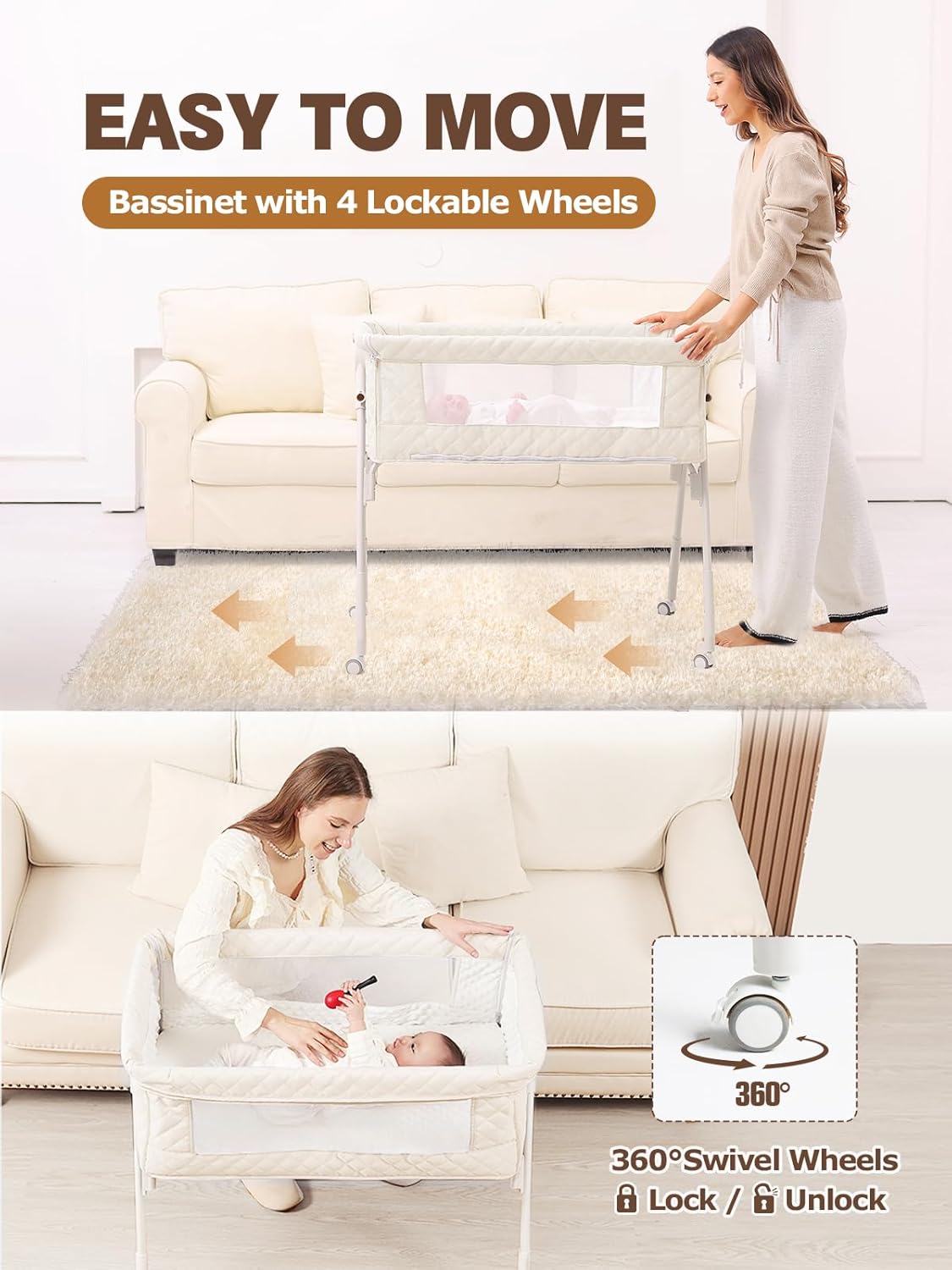 Baby Bassinet Bedside Sleeper - Upgrade Safety Bassinets with Crib Sheet, Easy to Move, 4 Adjustable Height Bedside Bassinet for Infant Newborn, Cream | More Safer, Easy Move, Storage Bag, Waterproof Sheet, Storage Bag, Easy to Install