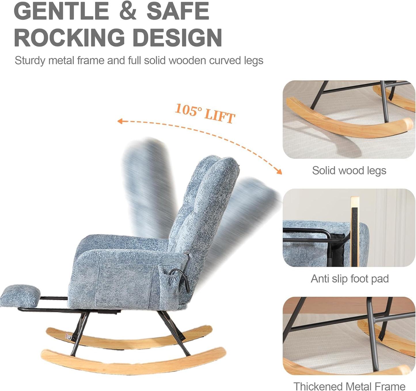 Rocking Chair Nursery with Airbag, Comfy Modern Nursery Rocking Reading Chair indoor with Footrest, Cozy Upholstered Glider Rocker Chairs for Living Room Bedroom Offices(Chenille, Dark Grey)