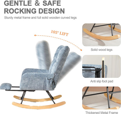 Rocking Chair Nursery with Airbag, Comfy Modern Nursery Rocking Reading Chair indoor with Footrest, Cozy Upholstered Glider Rocker Chairs for Living Room Bedroom Offices(Chenille, Dark Grey)