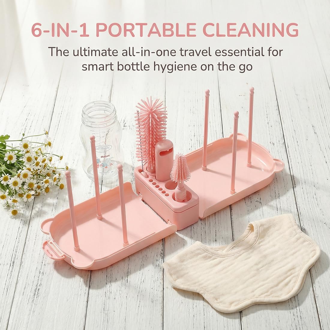 6 In1 Baby Bottle Brush Kit,Portable Silicone Bottle Brush Cleaner Set with Straw Brush,Nipple Brush,Drying Rack,Soap Dispenser,Storage Bag for Travel or Home,Compact&Space-Saving(Pink)