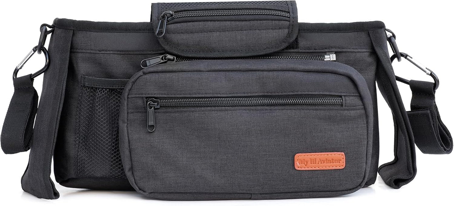 Universal Stroller Organizer Bag with 2 Insulated Cup Holder, Durable Detachable Phone Bag and Shoulder Strap – Fits for Pet Stroller Caddy, Uppababy, Baby Jogger, Britax, Doona, Nuna
