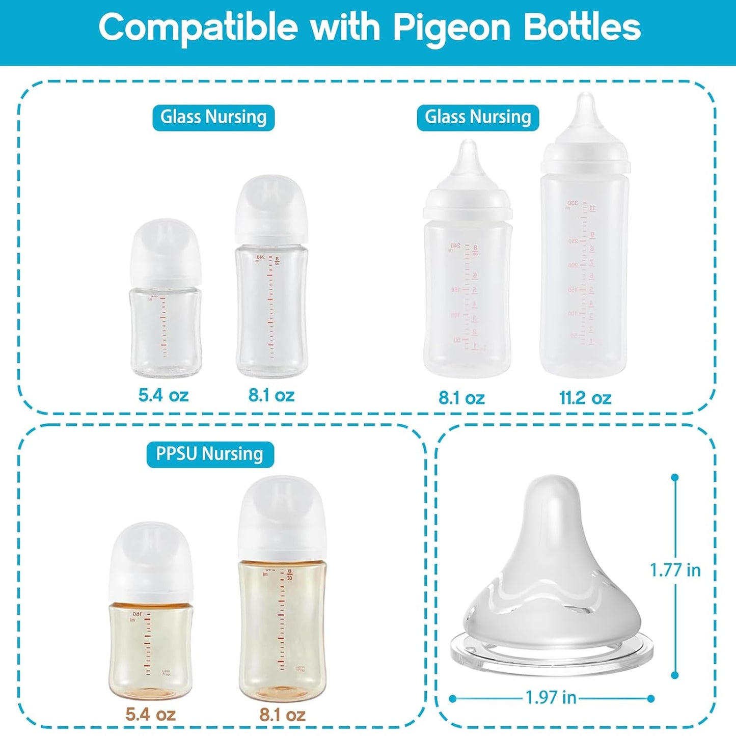 Silicone Nipples for Pigeon Bottles, Anti-Colic Replacement Nipple for Baby 6m+, BPA Free, Fast Flow, Size L, 4 Count