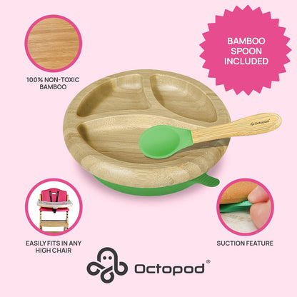 Abiie Octopod Bamboo Dish - Kids Plates for 4 months and up, 3-Compartment Baby Plates with Suction, Triangle Bamboo Baby Plate, Mess-Free Toddler Suction Plates, Baby Feeding Supplies, 8.3x1.9x7.7 in