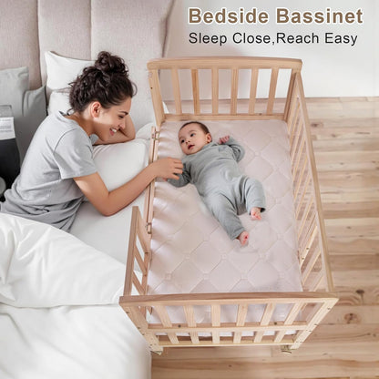 Flwrgirl Baby Bassinets Bedside Sleeper - Portable Pine Wood Bedside Bassinet with Mattress,3 Heights Small Mini Crib,Baby Crib for Newborns,Unpainted | Pine Wood Bassinet, Mattress Included, 3-IN-1 Convertible, Adjustable Height, Locking Wheels, Portalbe