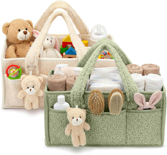 Shinylin 2 Pack Diaper Caddy Organizer Baby Caddy Organizer with Handle Nursery Storage Bin and Car Storage Basket for Diapers, Wipes, Newborn Necessities Baby Shower Gifts(Lily Green and Ivory)