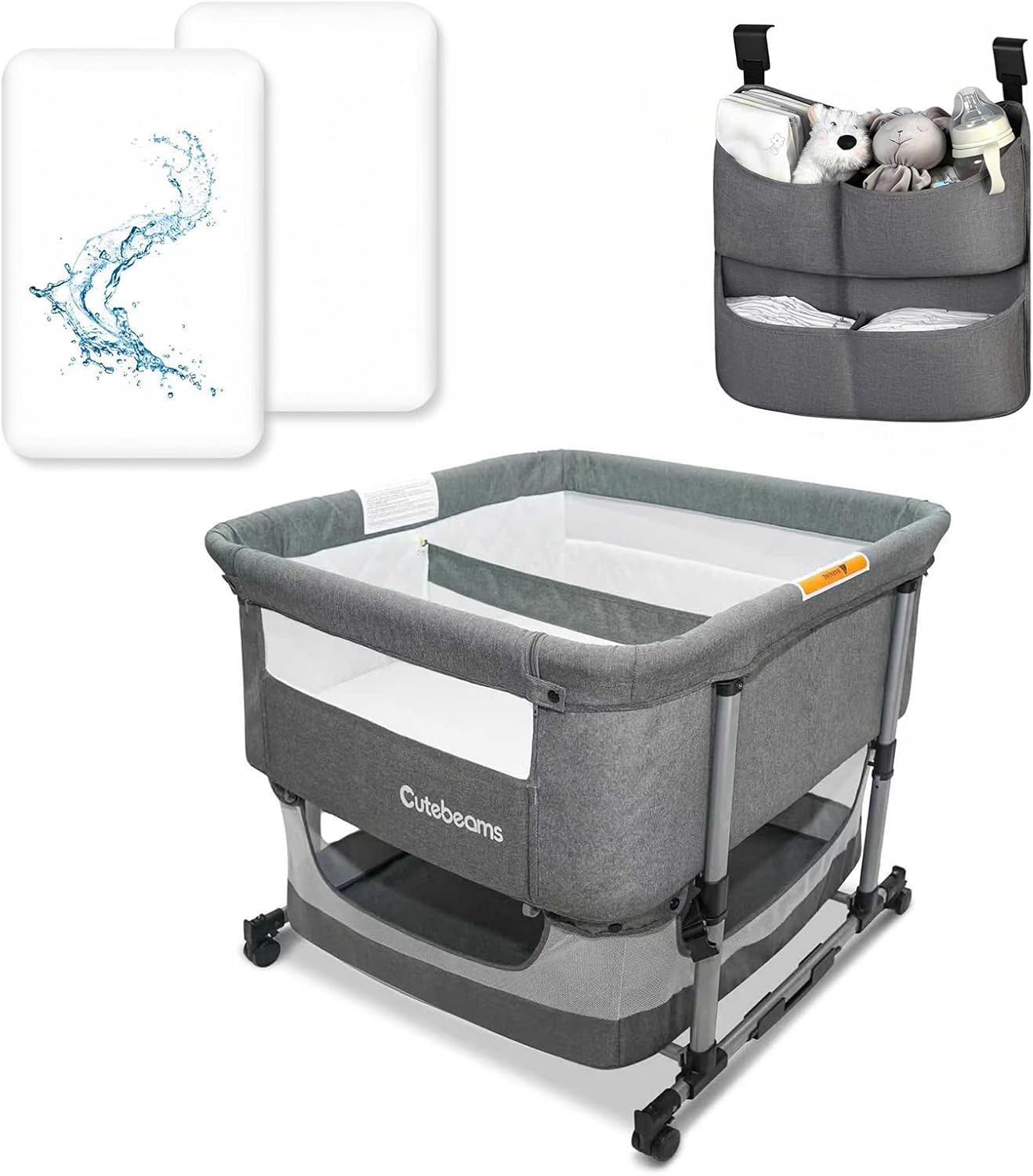 Twin Bassinet for 2 Babies, 3 in 1 Bedside Co Sleeper Double Bassinet for Twins, Rocking Bassinet for Baby with Wheels and Storage Basket, Includes Mattress (Grey)