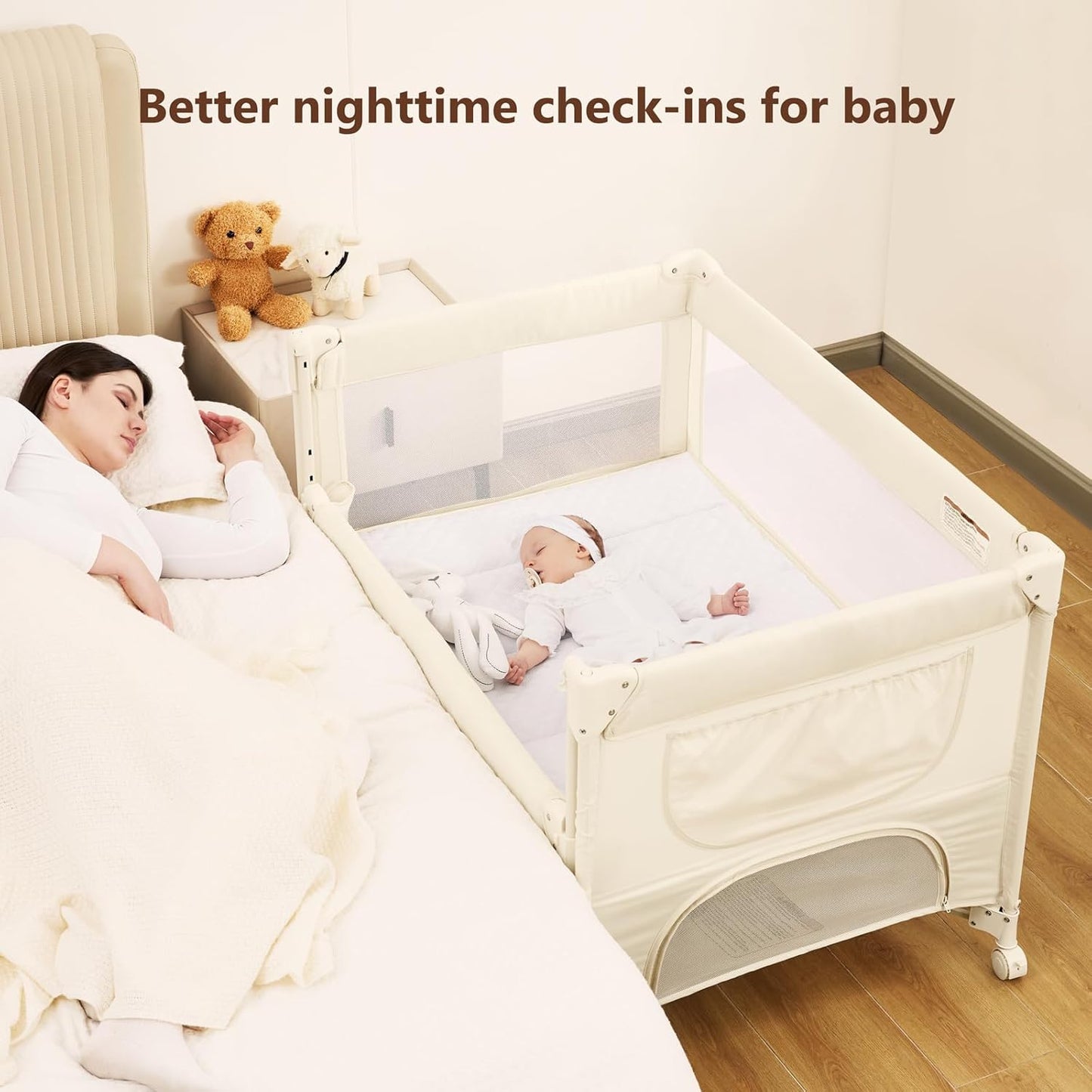 ANGELBLISS Baby Bassinet Bedside Crib, Pack and Play with Mattress, Diaper Changer, One-Push Setup Playards from Infants to Toddlers (Balck)