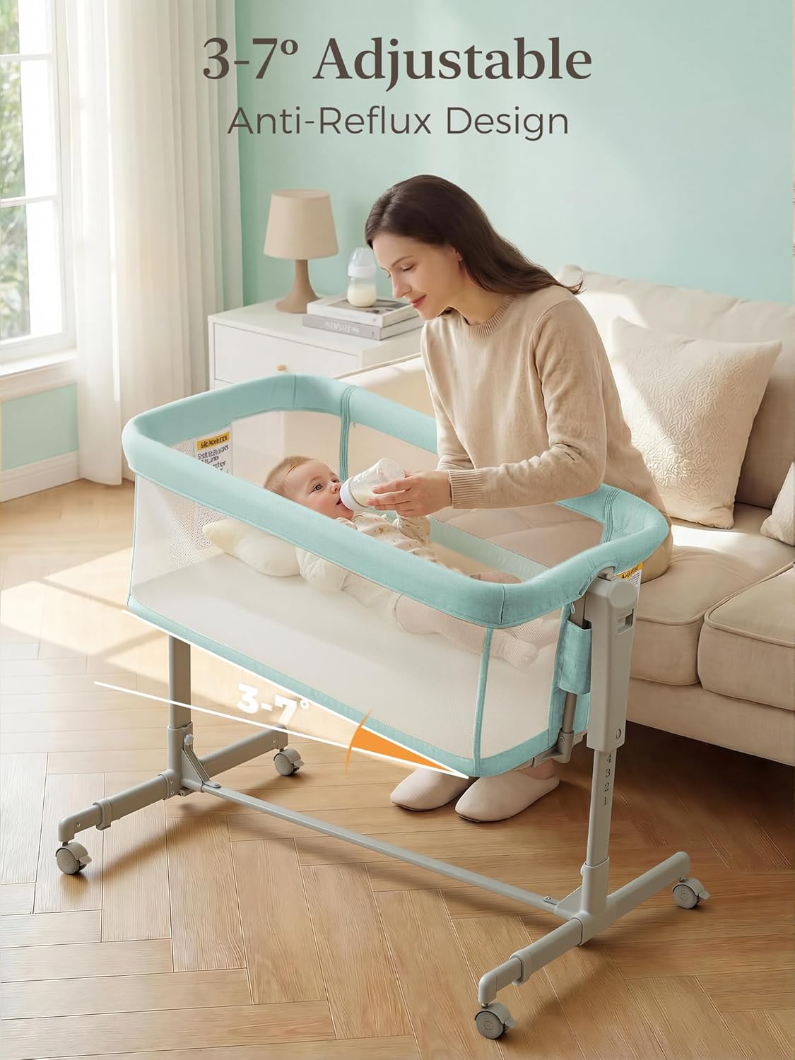 ONTHEWEI Baby Bassinet Bedside Sleeper 3-in-1, Easy Night Feeding with One-Side Fold & Rolling Wheels, Breathable Mesh, 6-Height Adjustable, Soft Mattress for Newborns