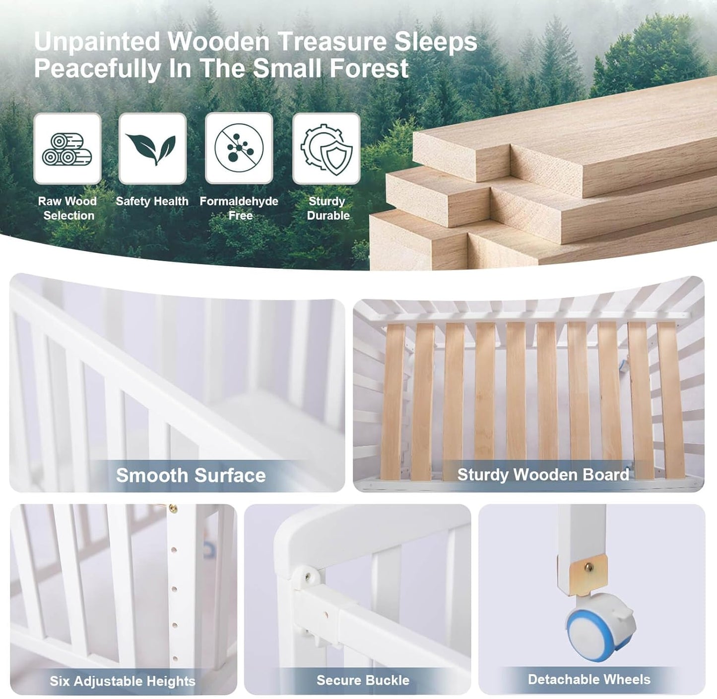 Flwrgirl Baby Bassinets Bedside Sleeper - Portable Pine Wood Bedside Bassinet with Mattress,3 Heights Small Mini Crib,Baby Crib for Newborns,Unpainted | Pine Wood Bassinet, Mattress Included, 3-IN-1 Convertible, Adjustable Height, Locking Wheels, Portalbe