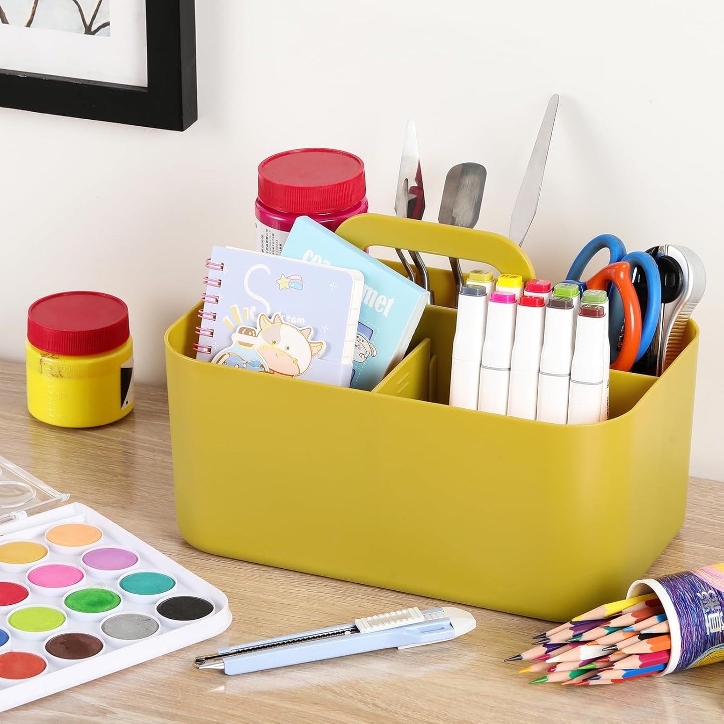 Multiuse Caddy Organizer with Handle, Portable Divided Plastic Tote Bin - Art Craft, Stationary Pen Marker Crayons, Makeup Hair Supplies Storage - Bathroom, Classroom, Dorm, Office, Desk Holder - Pink