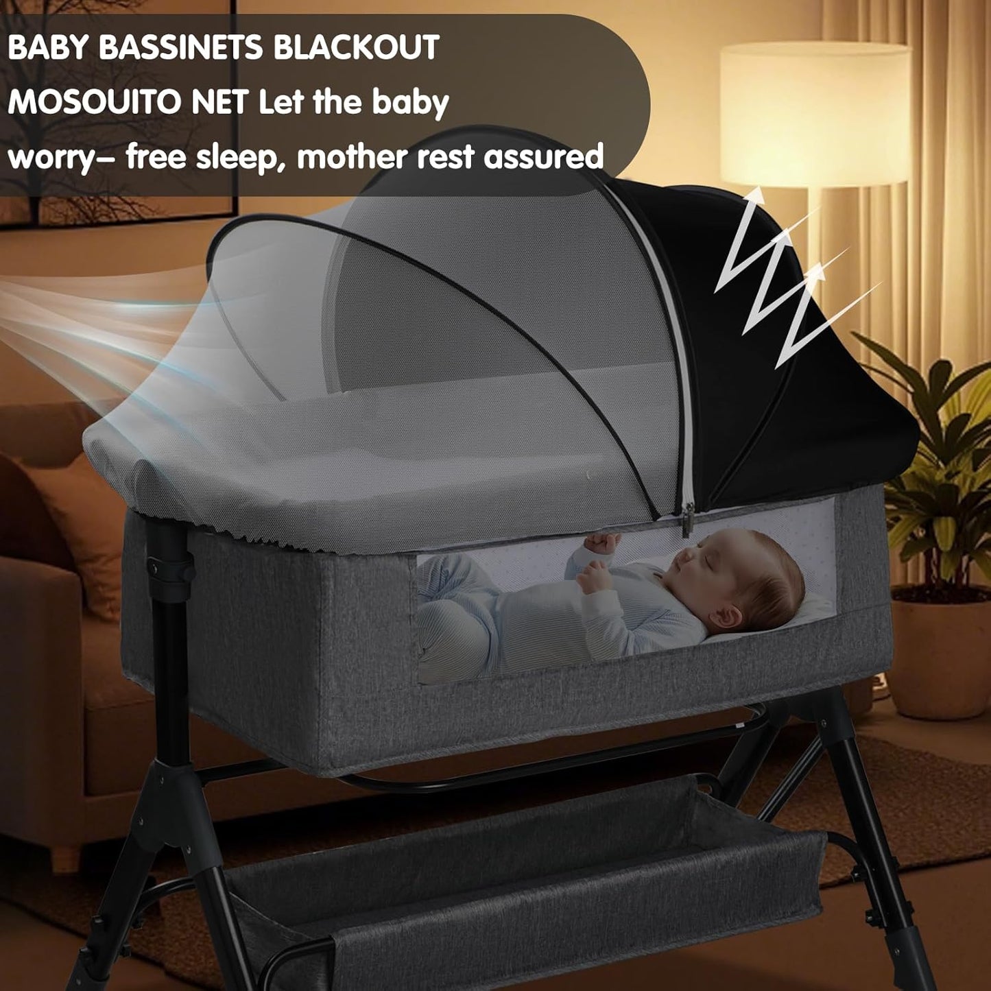 Bassinet Mosquito Net Cover - Half-Blackout Mosquito Net for Baby Crib & Bedside Sleeper, Breathable Crib net with 2-Way Zipper, Sun-Blocking Baby Mosquito Net Cover (Gray-Small)