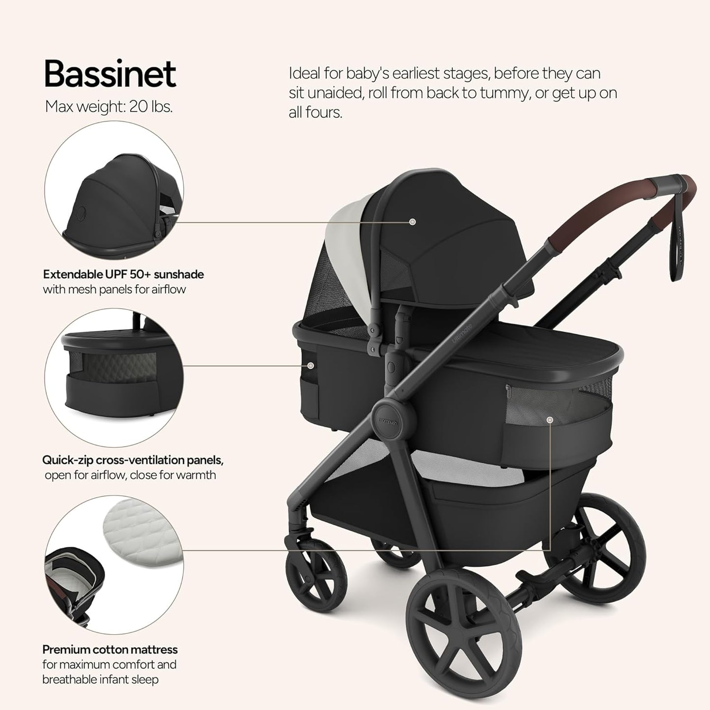 Mompush Ultimate2 Baby Stroller, Premium Convertible Full-Size Stroller for Toddler, Reversible Seat with One Hand Recline Adjustment, Car Seat Adapter Included