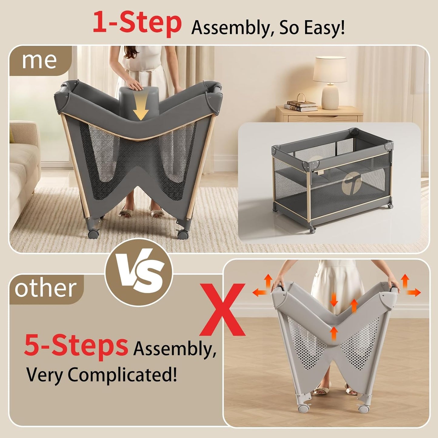 4-in-1 Pack and Play with Bassinet, Bedside Sleeper, Playard, and Changing Table, Folding Travel Crib with Musical Toy Rack & Bag, 4-Level Height Adjust, Newborn to Toddler（Ivy Gray）