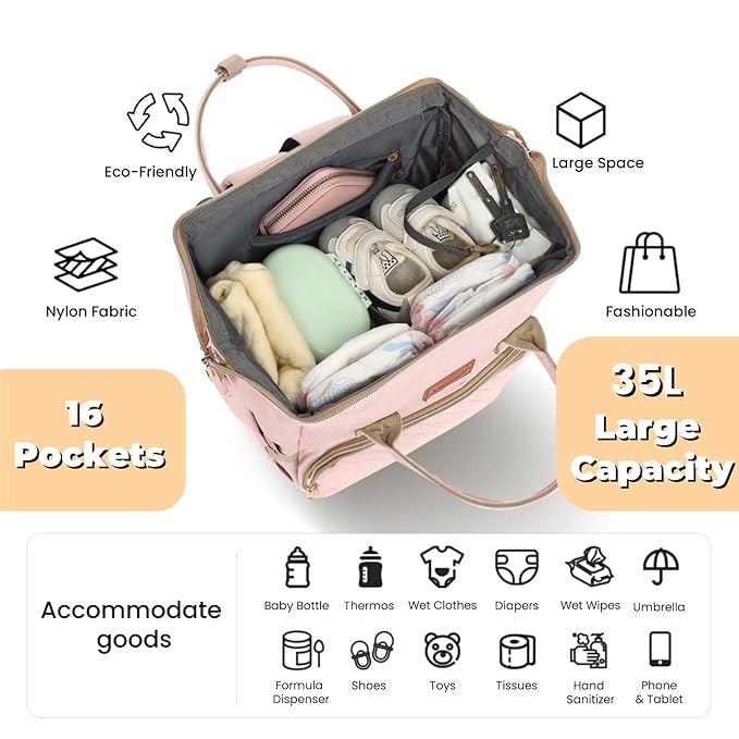 ROSEGIN Pink Diaper Bag Backpack for Baby Girls - Baby Shower Gifts for Mom, Quilted Diaper Bag with Changing Pad, Pacifier Case, Insulated Pockets, Stroller Straps, 35L Large Capacity - Cute