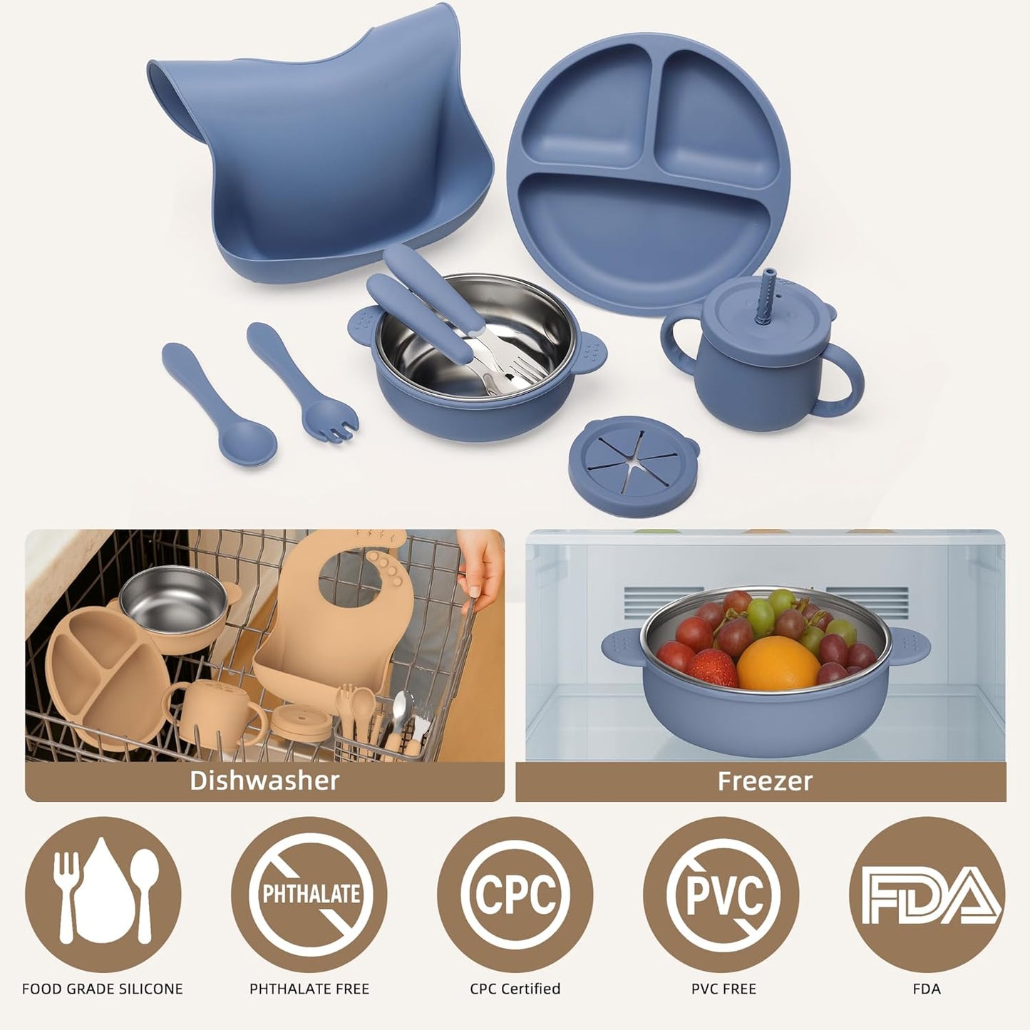 16 Pack Silicone Baby Feeding Set, BPA-Free Baby LED Weaning Supplies, Include Suction Plates, Baby Bowls, Silicone Fork & Spoon, and More, First Stage Baby Food Eating Utensils - 6+ Months(Blue, 16)
