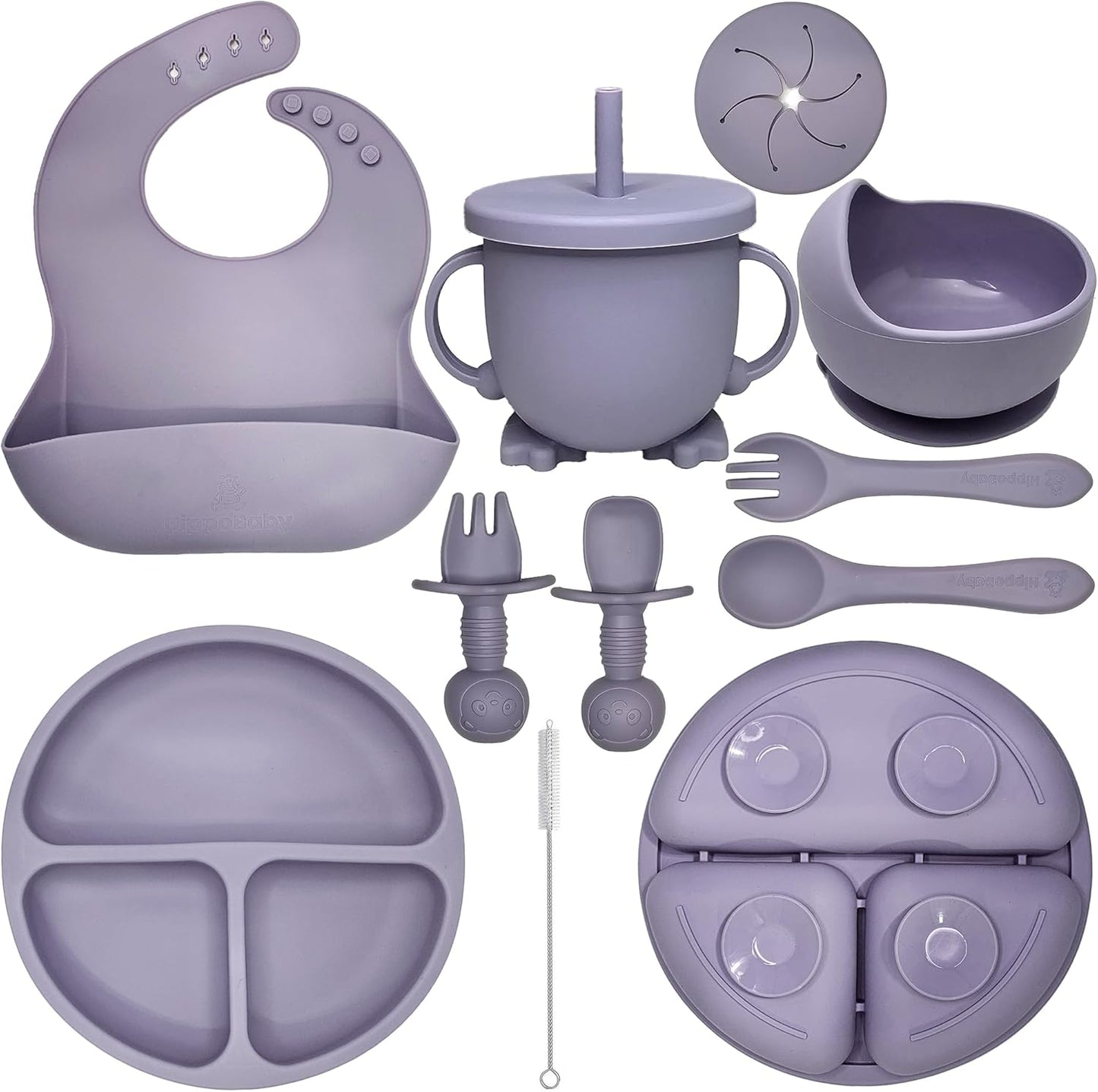 HippoBaby Baby Led Weaning Supplies | 10 Piece Silicone Baby Feeding Set | Baby Toddler Bib Cup Divided Plate and Bowl Self Feeding Spoons Dish Set | Baby Utensils | Toddler Feeding Supplies (Sky)