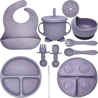 HippoBaby Baby Led Weaning Supplies | 10 Piece Silicone Baby Feeding Set | Baby Toddler Bib Cup Divided Plate and Bowl Self Feeding Spoons Dish Set | Baby Utensils | Toddler Feeding Supplies (Sky)