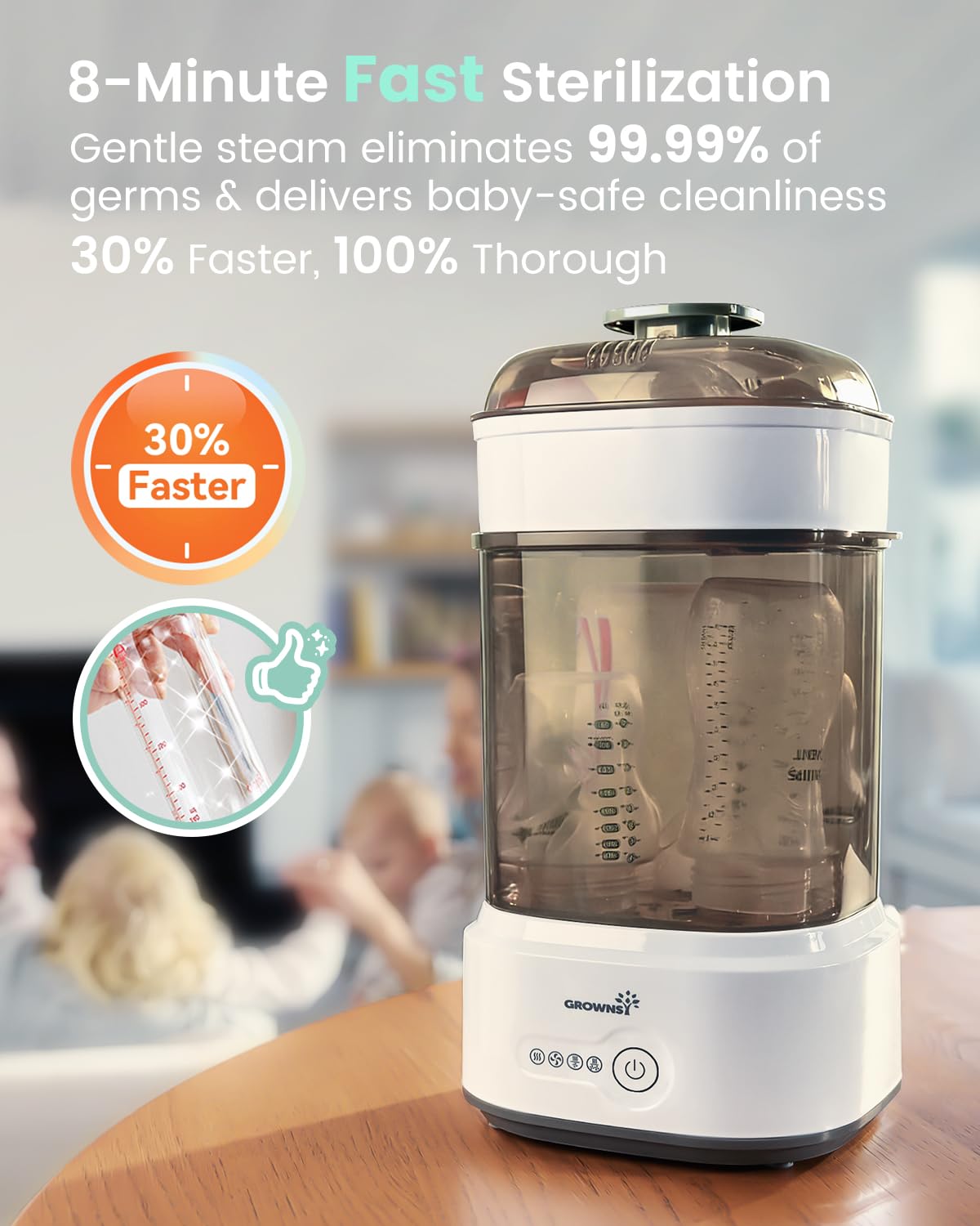GROWNSY Bottle Sterilizer and Dryer, Compact Electric Steam Baby Bottle Sterilizer (Esterilizador de Biberones), Bottle Sanitizer for Baby Bottles, Pacifiers, Pump Parts