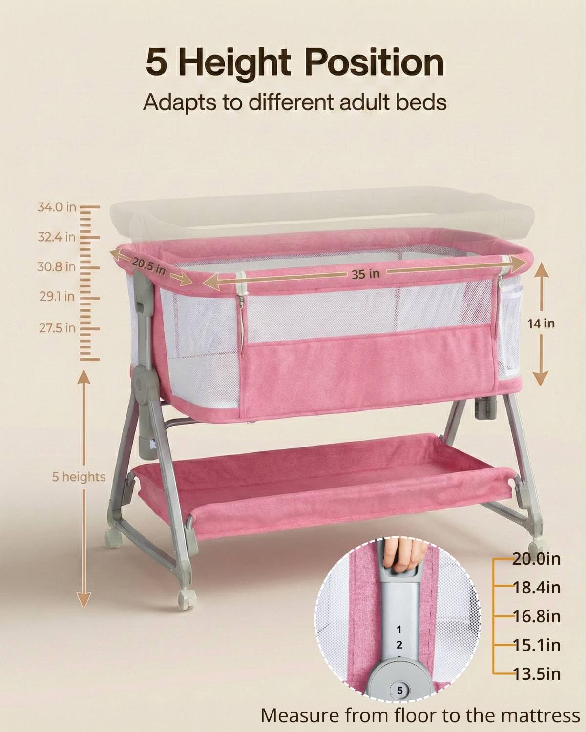 Bedside Bassinet for Baby, Sturdy 3 in 1 Bedside Sleeper with Mattress & Wheels, Height Adjustable, Breathable Mesh, Storage Basket, Easy to Assemble for Newborn, Grey