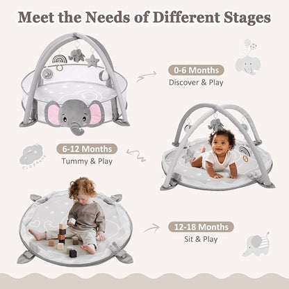 7-in-1 XL Large Baby Play Gym Mat, Tummy Time Mat, Baby Gym & Ball Pit, Baby Activity Mat with Milestone Cards & 6 Detachable Toys for Sensory Motor Skill, Elephant