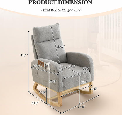 Rocking Chair Nursery, Glider Chair with High Back and Side Pocket, Solid Wood Frame Armchair with Non-Slip Padding for Nursery, Living Room, Bedroom (Ivory)