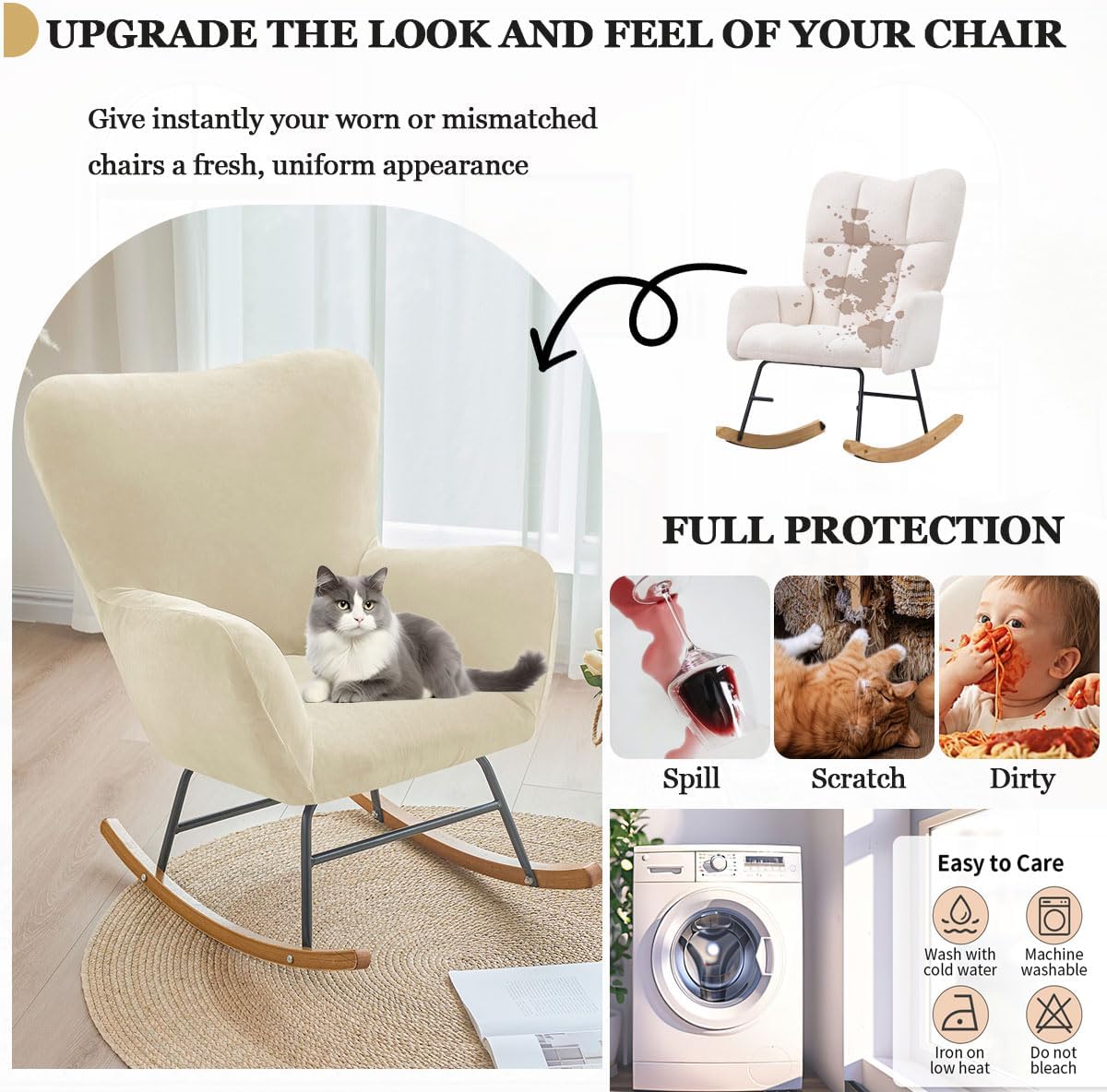 Levoberg Nursery Rocking Chair Cover Velvet Rocker Glider Chairs Cover Slipcovers Stretch Rocking Accent Chair Cover Recliner Armchair Slipcover for Nursery Living Room Bedroom Office Camel