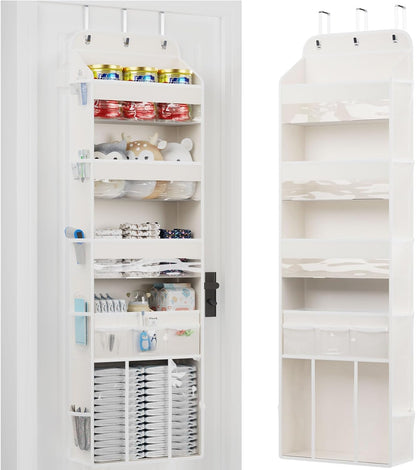 OneDream Over the Door Organizer for Nursery, 5-Tier Baby Clothes Organizer with Removable Storage Caddy, Hanging Behind Door Storage with Clear Pockets and Side Mesh Compartments, Grey
