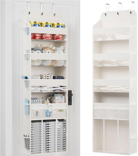 OneDream Over the Door Organizer for Nursery, 5-Tier Baby Clothes Organizer with Removable Storage Caddy, Hanging Behind Door Storage with Clear Pockets and Side Mesh Compartments, Grey