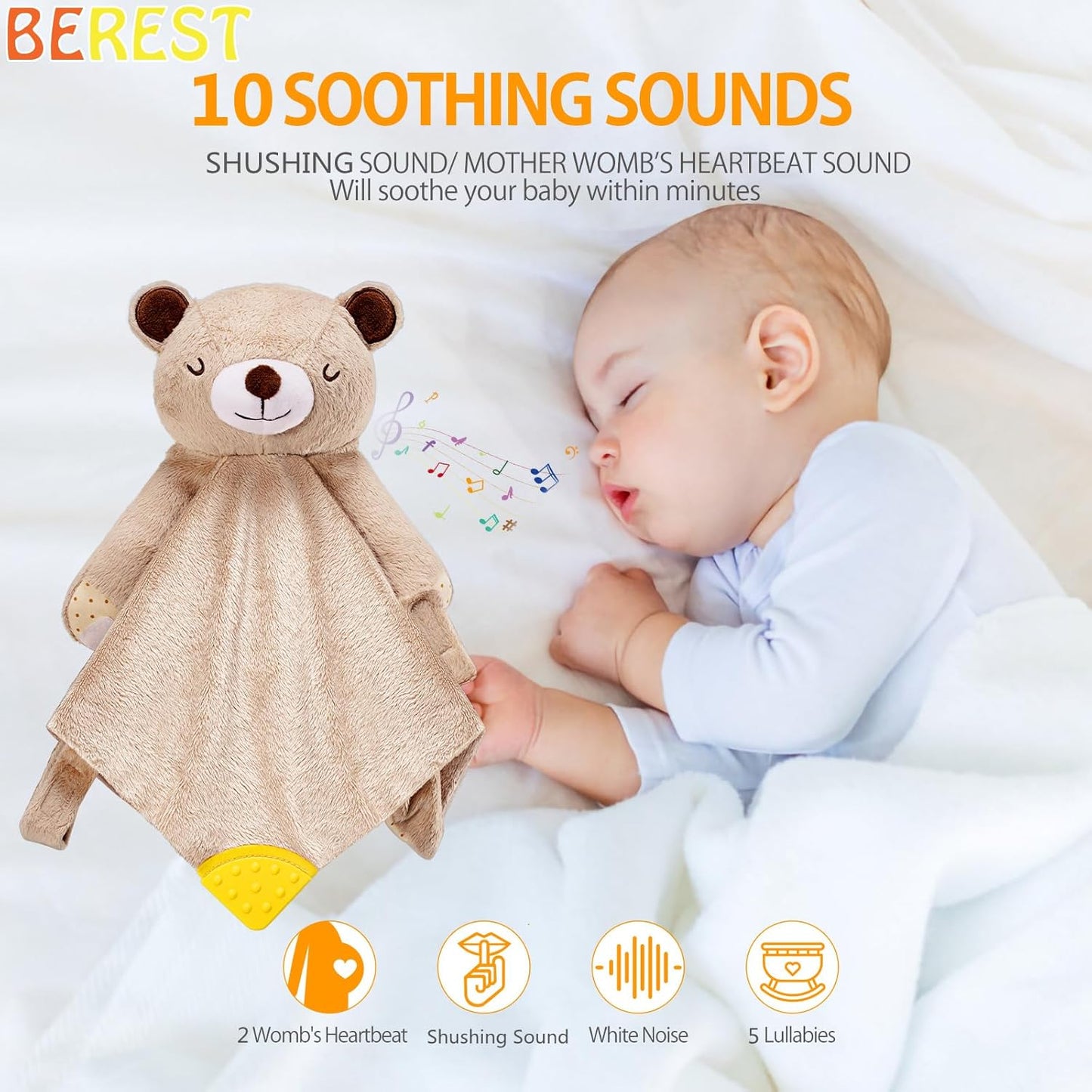 BEREST Unicorn Baby Sleep Soother 4-in-1 Sound Machine with Heartbeat & White Noise|Security Blanket & Pacifier Holder|Soothing Plush Toy for Newborns|Perfect Baby Registry Essential