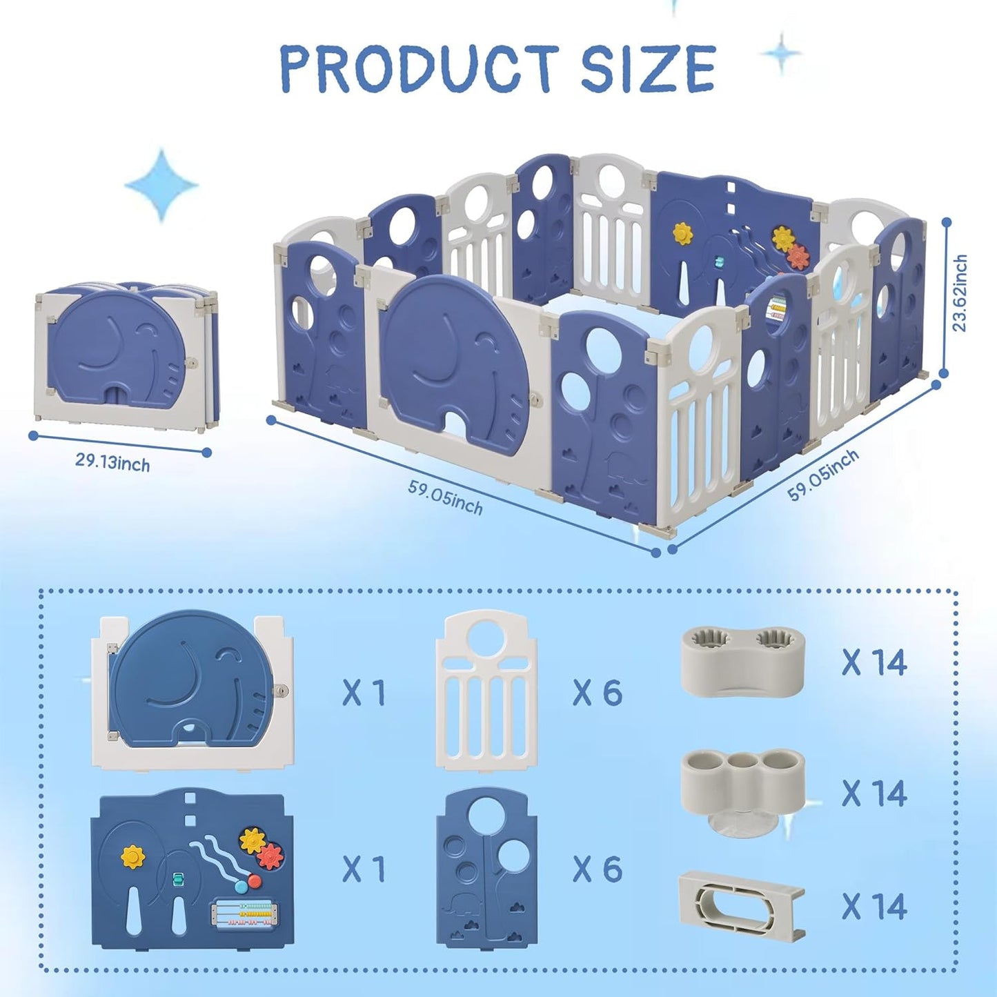 Baby Playpen, 14-Panel Foldable Play Pen for Babies and Toddlers, Indoor Outdoor Baby Fence with Sensory Play Panel, Adjustable Shape Activity Play Center, Portable & Easy Assemble